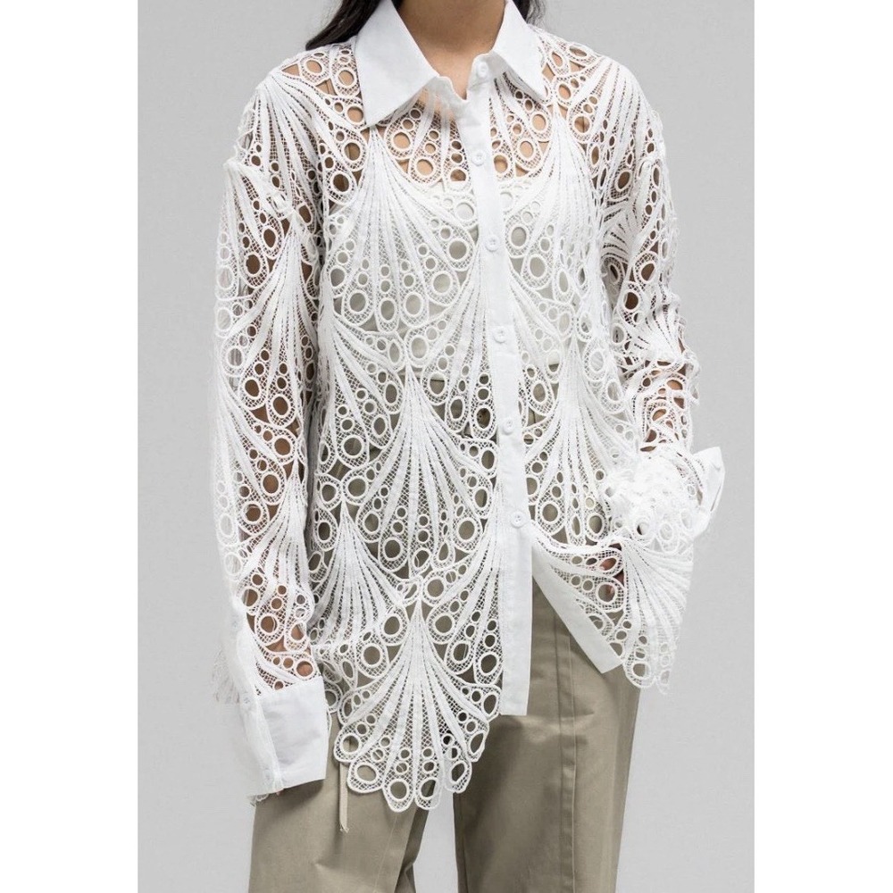 Womens White Top Sheer Crochet Lace M Wedding Classic Eyelet Layering Cover